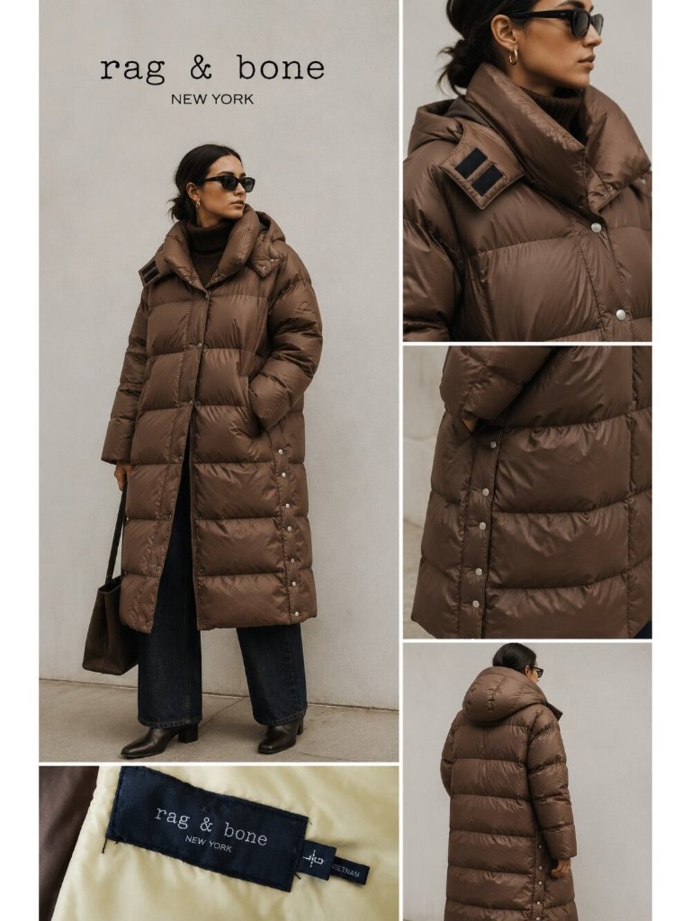 Rag & Bone Long Brown Hooded Down Puffer Coat Size L Duck Down Oversized